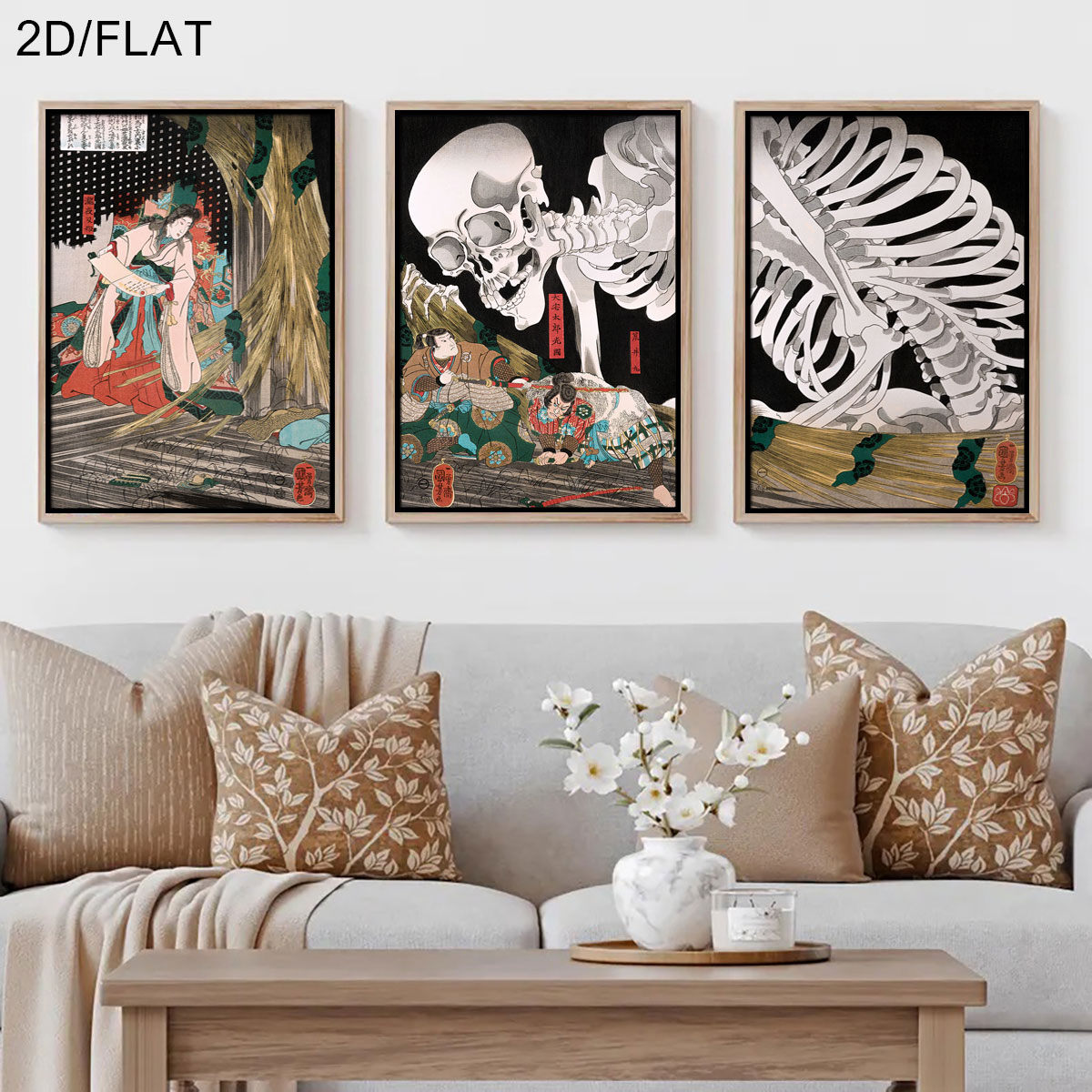Home Decor Quirky - 3 ชิ้น ภาพพิมพ์บนผ้าใบลาย Takiyasha แม่มดญี่ปุ่นย้อนยุคและโครงกระดูก ภาพศิลปะนามธรรมสำหรับตกแต่งห้องนั่งเล่น