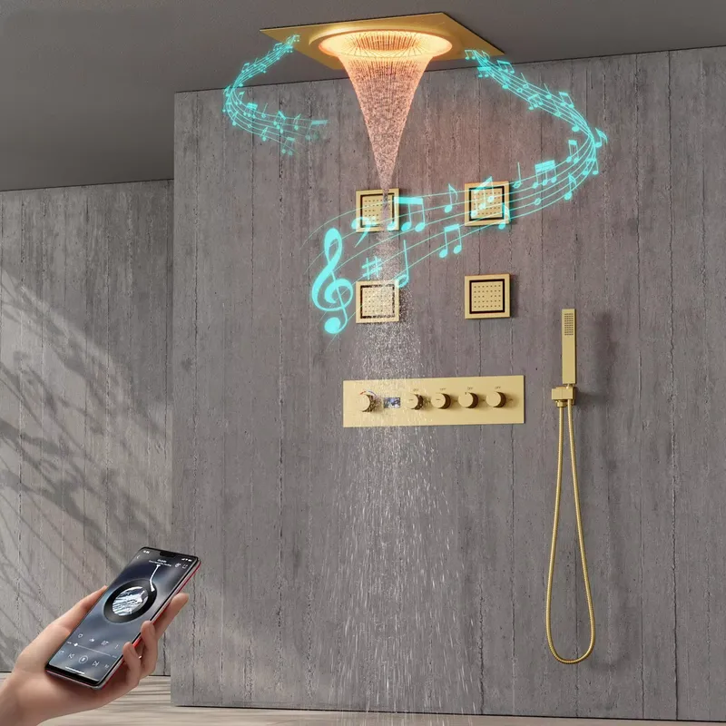 Home Decor Gift - ชุดฝักบัว LED อัจฉริยะ พร้อมระบบเสียงเพลงในห้องน้ำ ฝักบัวแบบฝังผนัง สีดำด้าน