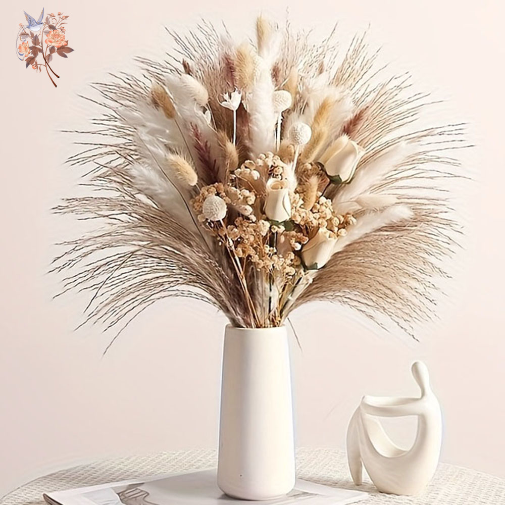 Pampas Grass Decor - ช่อดอกไม้แห้งประดิษฐ์ 80 ชิ้น สำหรับตกแต่งภายในบ้าน ตกแต่งโต๊ะ ดอกกุหลาบปลอม