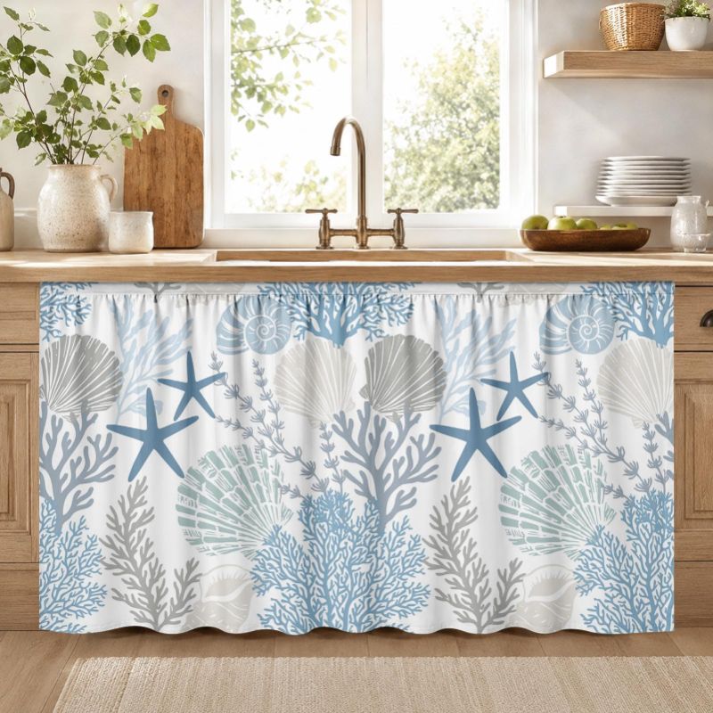 Home Decor Nautical - VIKAMA ผ้าม่านใต้ซิงค์ลายเปลือกหอยสีน้ำเงินทะเล ติดตั้งแบบตะขอและห่วง ไม่ต้องเจาะ ใช้ได้หลายสถานที่ ตกแต่งตู้และบ้านสไตล์ชายหาด