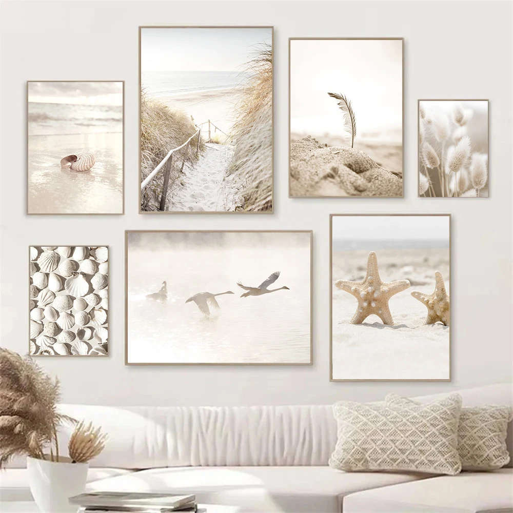 Pampas Grass Decor - โปสเตอร์ทิวทัศน์สีเบจ ภาพปลาดาว เปลือกหอย ชายหาด ภาพวาดบนผ้าแคนวาสสไตล์นอร์ดิก ภาพพิมพ์ตกแต่งผนังลายหญ้าแพมพัส