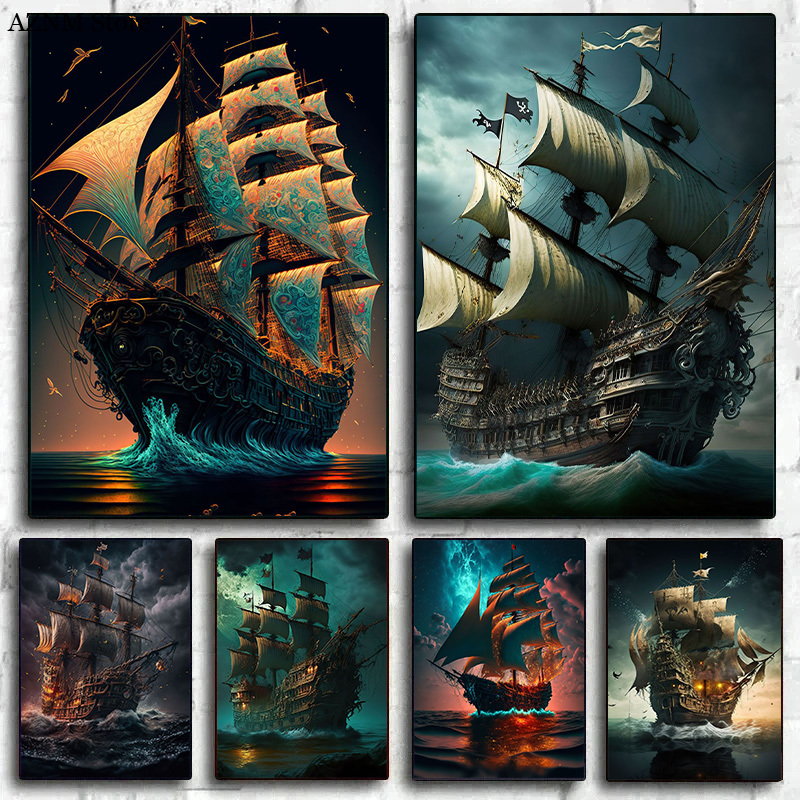 Home Decor Nautical - ภาพพิมพ์โปสเตอร์เรือโจรสลัดนามธรรม ทะเล พระจันทร์ กลางคืน ภาพวาดบนผ้าใบ ภาพศิลปะติดผนัง