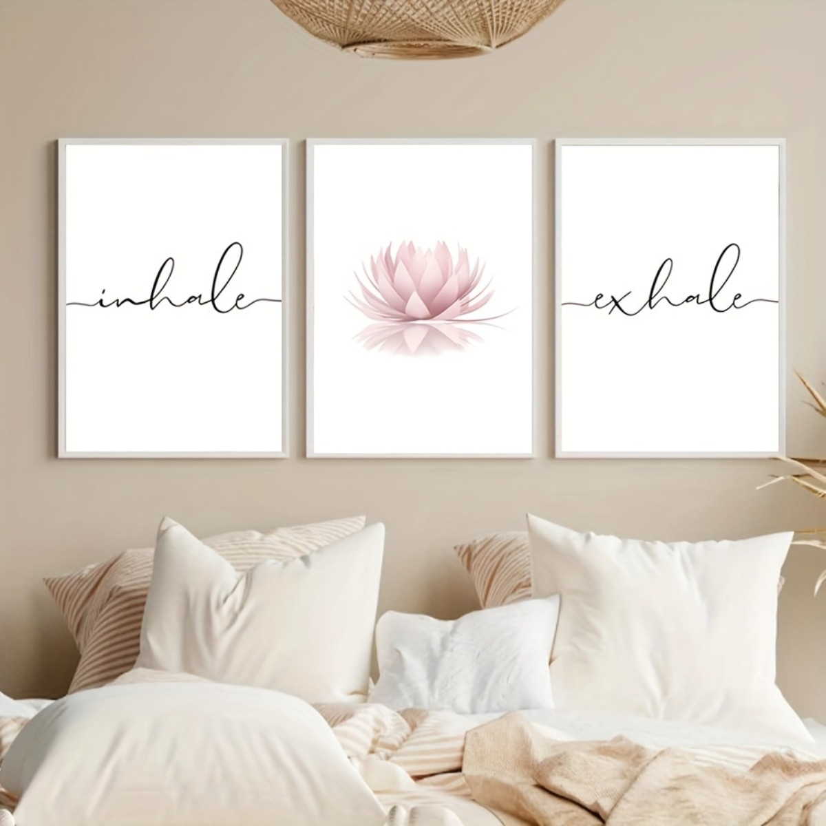 Home Decor Yoga - 3 ชิ้น/ชุด ภาพพิมพ์บนผ้าใบลายดอกบัวสีชมพู สำหรับหายใจเข้าออก ฝึกสมาธิ โยคะ