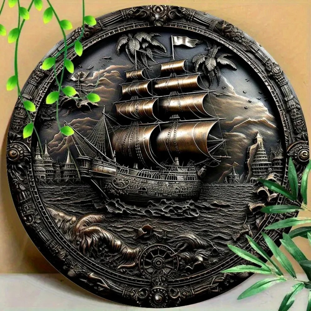 Home Decor Nautical - งานศิลปะติดผนังโลหะเรือโจรสลัด 3 มิติ: ประติมากรรมนูนต่ำทรงกลมอะลูมิเนียม ตกแต่งธีมเรือสำหรับบ้าน สำนักงาน
