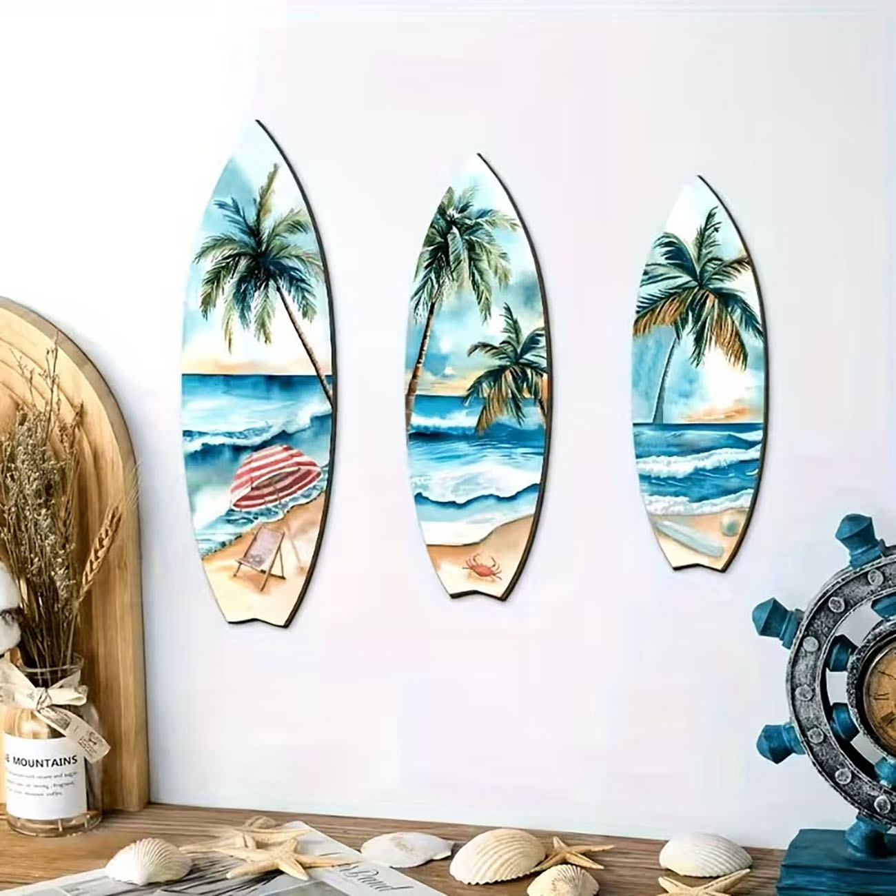 Home Decor Nautical - ชุดงานศิลปะติดผนังไม้รูปกระดานโต้คลื่นวิวทะเล 3 ชิ้น พร้อมเทปนาโนสองหน้า ตกแต่งบ้านสไตล์ชายหาดต้นปาล์มสำหรับฤดูร้อน