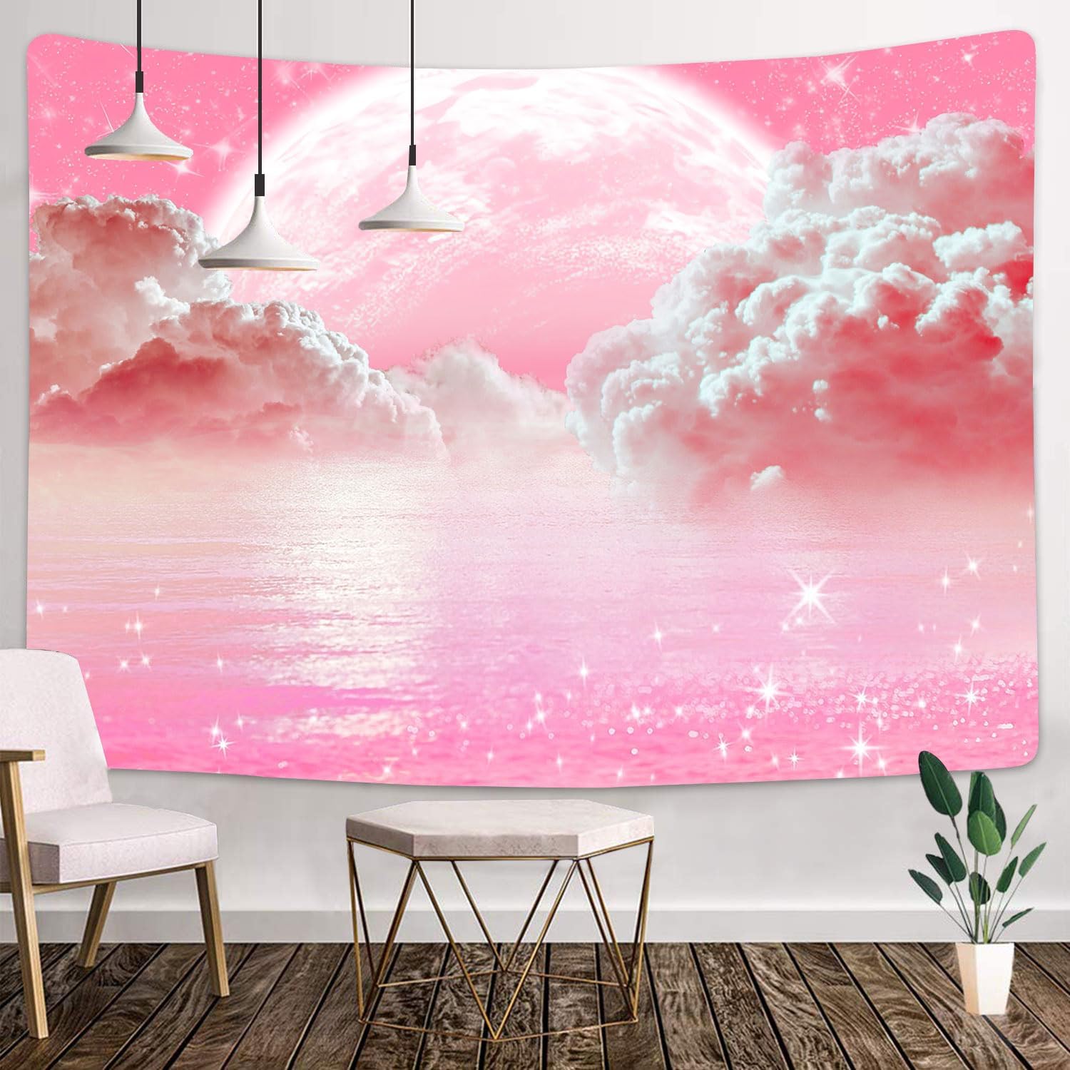 Aesthetic Tapestry - พรมทอผ้าลายเมฆสีชมพู ท้องฟ้า มหาสมุทร ดวงจันทร์ ดวงดาว ทิวทัศน์ธรรมชาติ