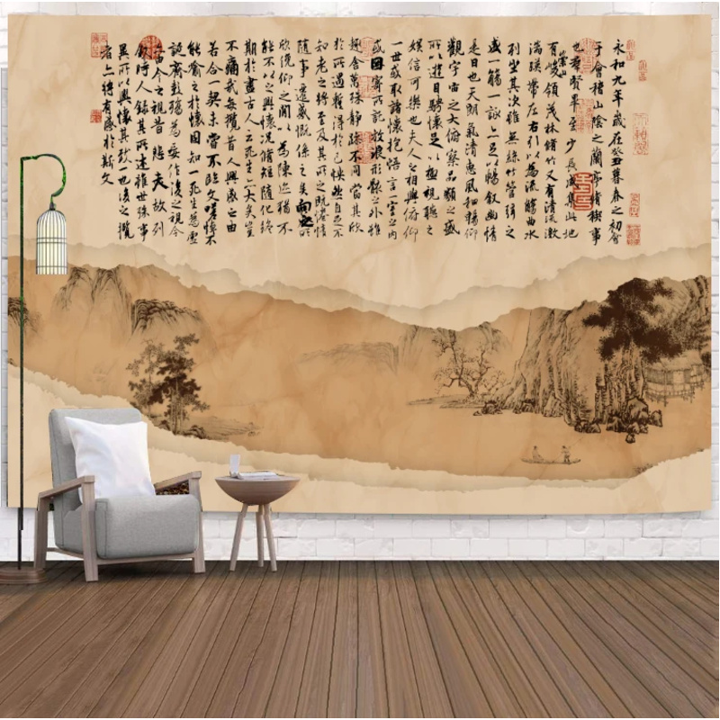 Aesthetic Tapestry - VIKAMA ผ้าปูพรมลายดอกกล้วยไม้พร้อมลายอักษรจีนสำหรับตกแต่งห้องนอนห้องนั่งเล่นสไตล์เรโทร