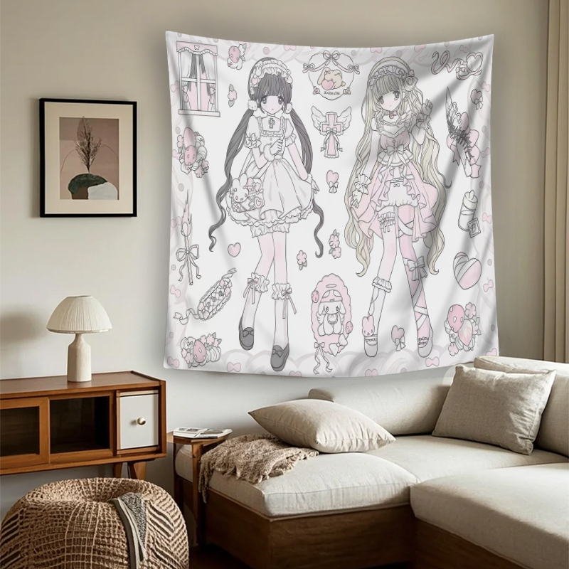Aesthetic Tapestry - ผ้าแขวนผนังพิมพ์ลายดิจิทัล 1 ชิ้น, ภาพสาวอนิเมะสีชมพูสไตล์แฟนตาซี, ของตกแต่งผนังลายการ์ตูนญี่ปุ่นน่ารัก