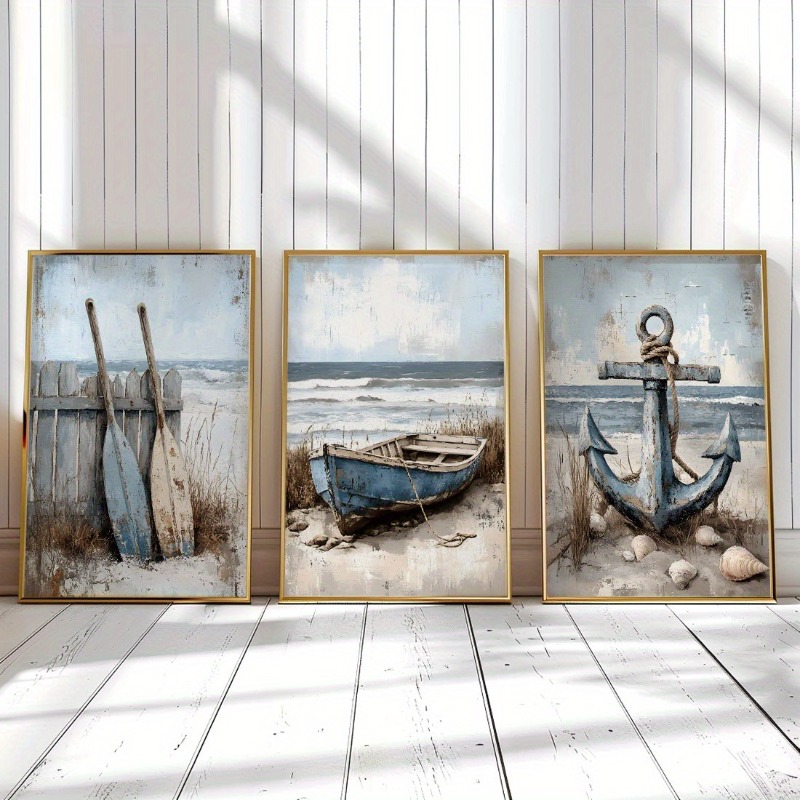 Home Decor Nautical - ภาพวาดผ้าใบชายทะเลสไตล์วินเทจ 3 ชิ้น, ภาพวาดเรือสมอและไม้พายสำหรับตกแต่งบ้าน