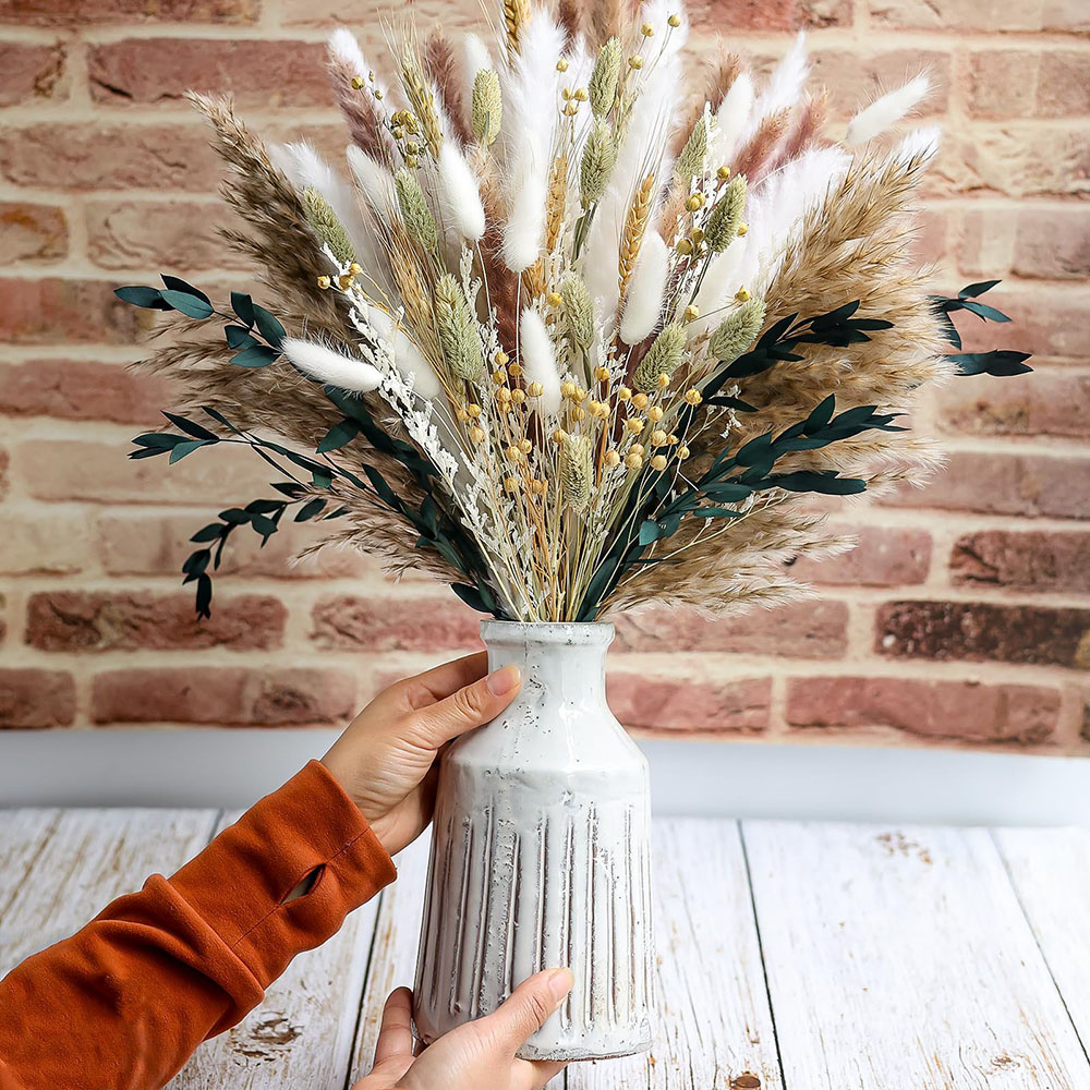 Pampas Grass Decor - ช่อดอกหญ้าแพมพัสแห้ง 100 ชิ้น พร้อมดอกกระต่ายหางนก สำหรับตกแต่งงานแต่งงาน งานปาร์ตี้