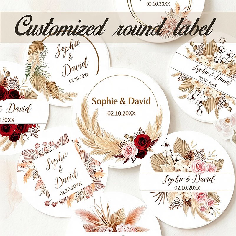 Pampas Grass Decor - สติกเกอร์งานแต่งงานลายพัดปาปาสแห้งสไตล์โบโฮแบบส่วนตัว พร้อมชื่อและวันที่ที่กำหนดเอง สีชมพูอมแดง กล่องของขวัญสีแดงอมม่วง สติกเกอร์งานแต่งงาน