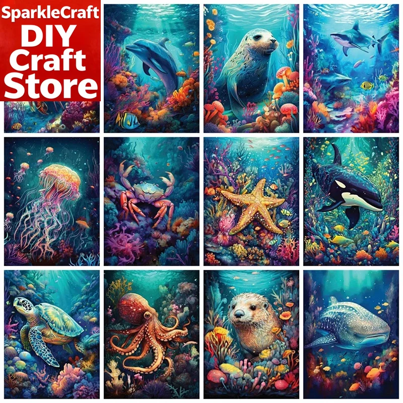 Home Decor Nautical - ชุดภาพวาดเพชรแบบไร้กรอบ 1 ชิ้น รูปทรงสี่เหลี่ยมจัตุรัสและวงกลม ลายโลมาและเต่าทะเล สำหรับตกแต่งบ้าน