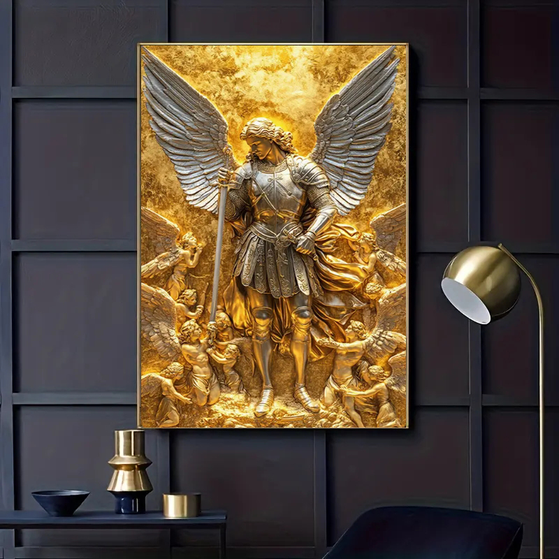 Home Decor Quirky - รูปปั้นเทวดามิคาเอลสีทอง ภาพพิมพ์บนผ้าใบสำหรับตกแต่งผนัง โปสเตอร์และภาพพิมพ์บนผ้าใบสำหรับตกแต่งห้องนั่งเล่นและบ้าน