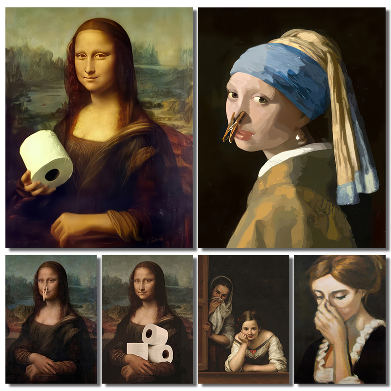 Home Decor Quirky - ภาพตกแต่งห้องน้ำลายกราฟิกแนวตลก 1 ชิ้น ภาพโปสเตอร์สาวโมนาลิซาประดับไข่มุก สำหรับตกแต่งห้องนั่งเล่น ไม่มีกรอบ