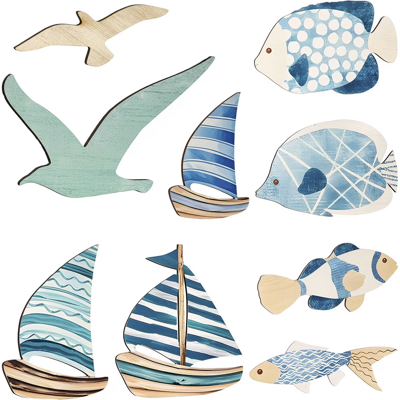 Home Decor Nautical - ชุดตกแต่งผนังไม้รูปปลาเขตร้อน นกนางนวล เรือใบ 9 ชิ้น ของตกแต่งบ้านสไตล์ทะเล