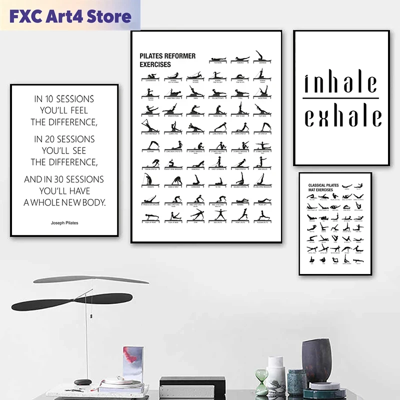 Home Decor Yoga - โปสเตอร์แผนภาพการออกกำลังกายพิลาทิสแบบไร้กรอบ พิมพ์บนผ้าแคนวาส ตกแต่งผนังห้องโยคะ ของขวัญสำหรับพิลาทิส คู่มือการเพาะกาย ภาพวาดสำหรับฟิตเนสและยิม