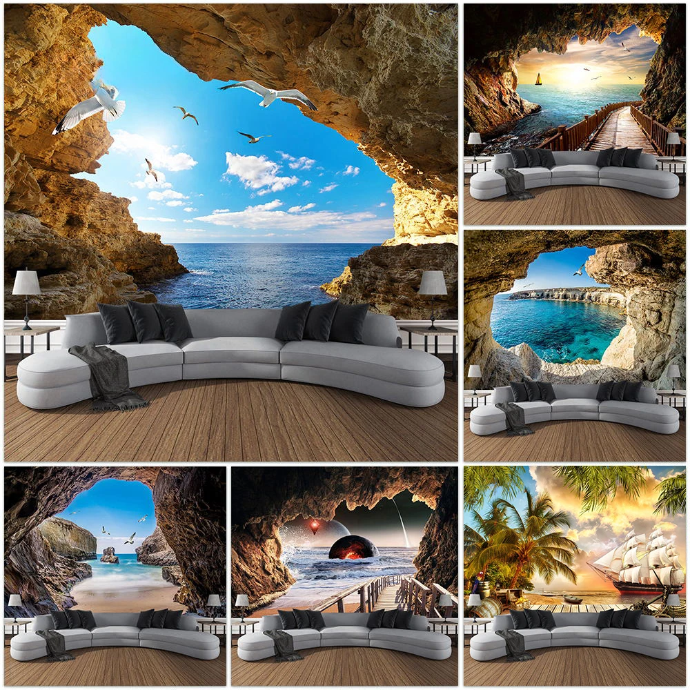 Home Decor Yoga - ถ้ําภูเขาภูมิทัศน์Tapestry Oceanนกมะพร้าวต้นไม้Sailing Beachทิวทัศน์ธรรมชาติTapestriesบ้านสวนหอพักตกแต่งห้องนอน