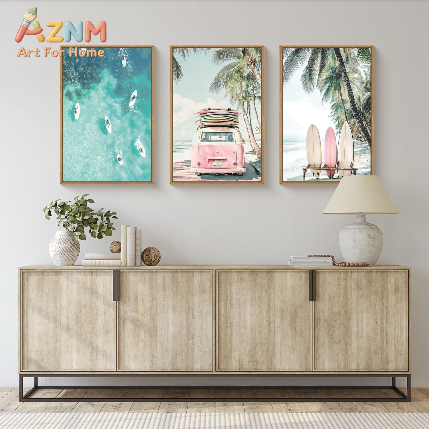 Home Decor Nautical - ภาพพิมพ์บนผ้าใบลายกระดานโต้คลื่น 3 ชิ้น สำหรับตกแต่งผนังห้องนั่งเล่น ภาพวิวทะเล รถบัสชายฝั่ง