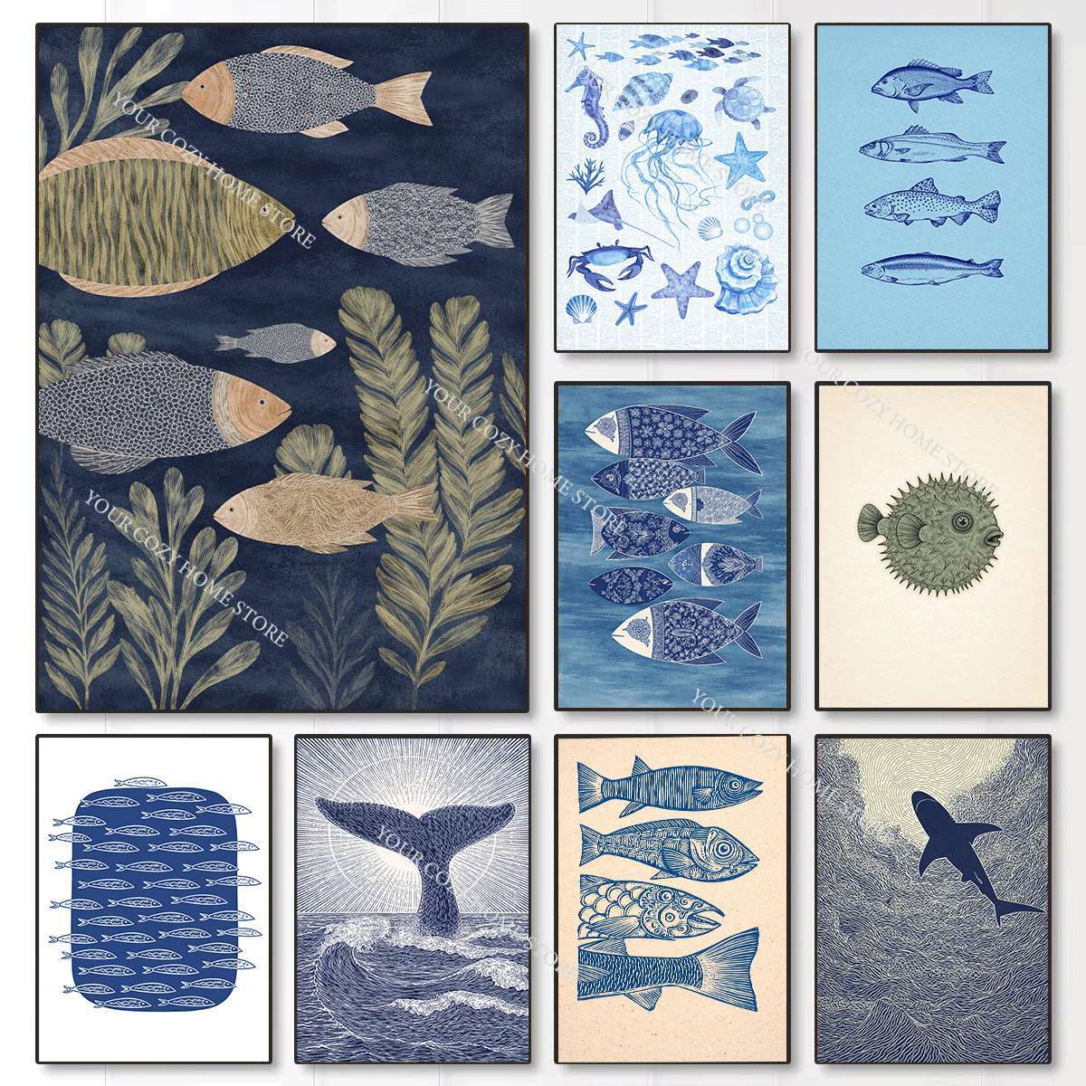 Home Decor Nautical - โปสเตอร์ศิลปะปลาและคลื่นทะเลสไตล์มินิมอล ภาพวาดบนผ้าใบสีน้ำเงินและสีขาว ตกแต่งบ้าน ตกแต่งห้องนั่งเล่นธีมชายหาด