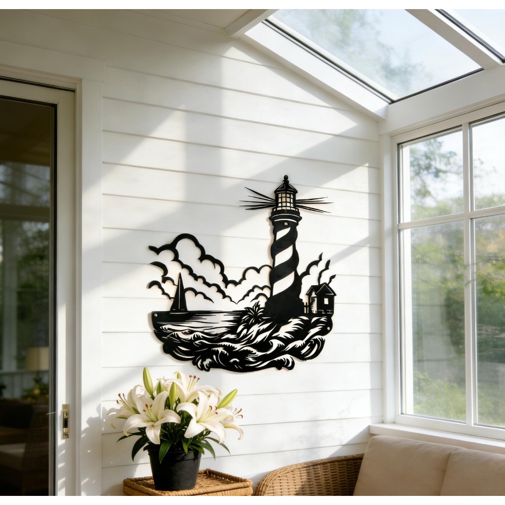 Home Decor Nautical - CIFbuy ศิลปะติดผนังโลหะ ประภาคาร คลื่นทะเล เรือใบ ซิลลูเอท