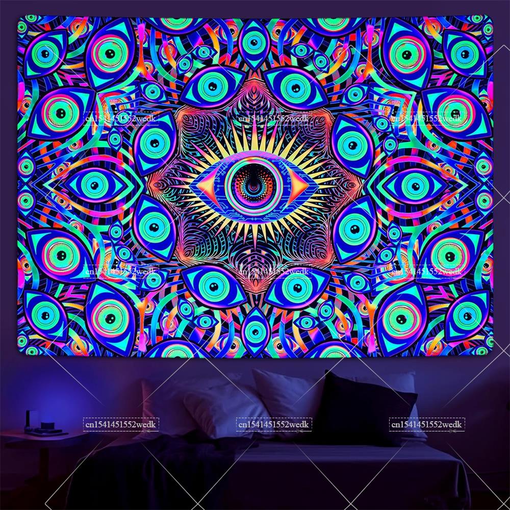 Aesthetic Tapestry - พรมติดผนังรูปดวงตาสีดำ Boho Mandala สีดำม่านแขวนติดผนังแบบฮิปปี้รังสียูวีติดผนังแบบแอ็บสแตรกสำหรับห้อง