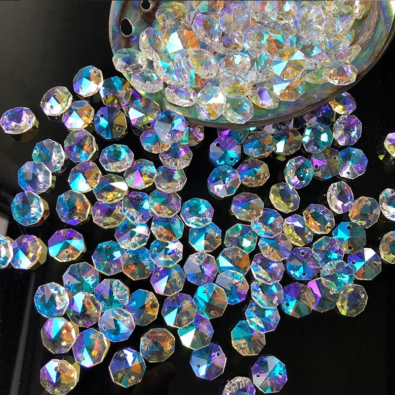 Crystal Sun Catcher - ลูกปัดแก้วคริสตัลออโรร่าทรงแปดเหลี่ยม 100 ชิ้น สำหรับตกแต่งโคมไฟระย้า อะไหล่เปลี่ยนลูกปัด DIY