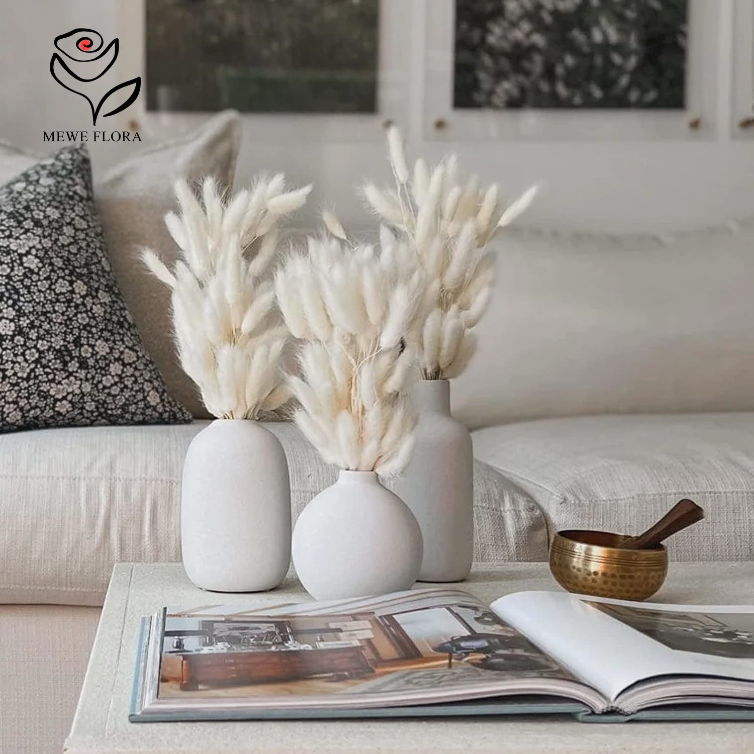 Pampas Grass Decor - 150 ชิ้น หญ้าแพมพัสสีขาวธรรมชาติ ขนฟู ตกแต่งบ้าน ดอกไม้แห้ง