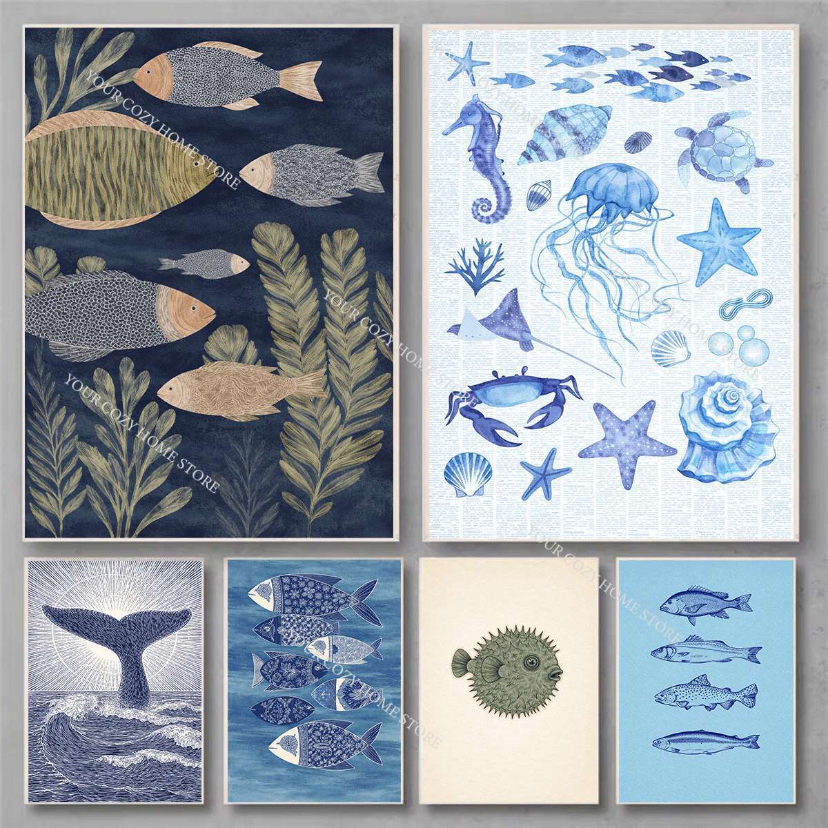 โปสเตอร์ศิลปะปลาและคลื่นทะเลสไ - Home Decor Nautical บทวิจารณ์และราคา