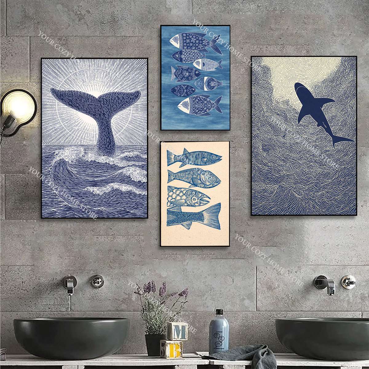 โปสเตอร์ศิลปะปลาและคลื่นทะเลสไ - Home Decor Nautical บทวิจารณ์และราคา