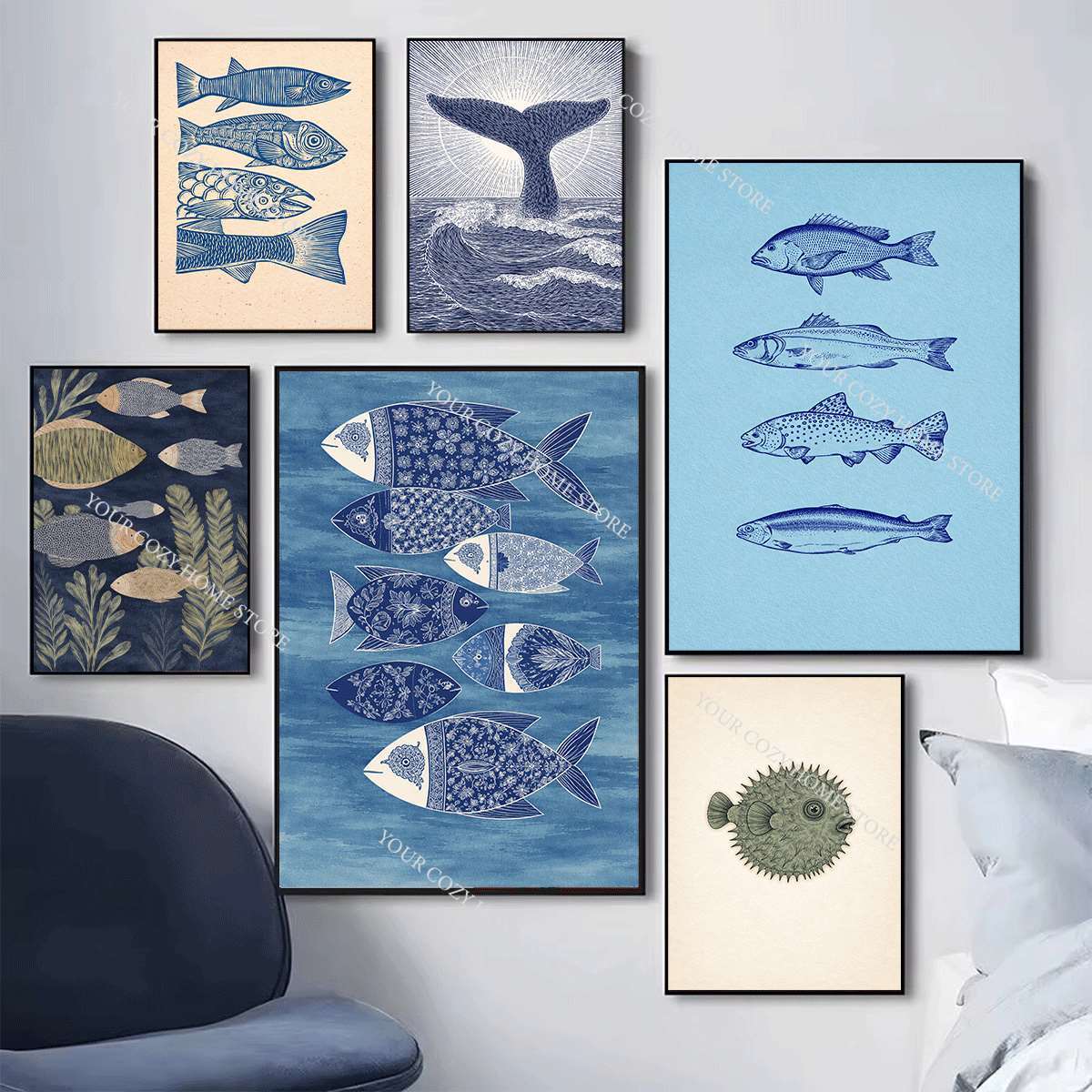 โปสเตอร์ศิลปะปลาและคลื่นทะเลสไ - Home Decor Nautical บทวิจารณ์และราคา